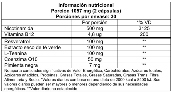 NAD + Resveratrol Complex Vitatech x 60 Caps - Imagen 2