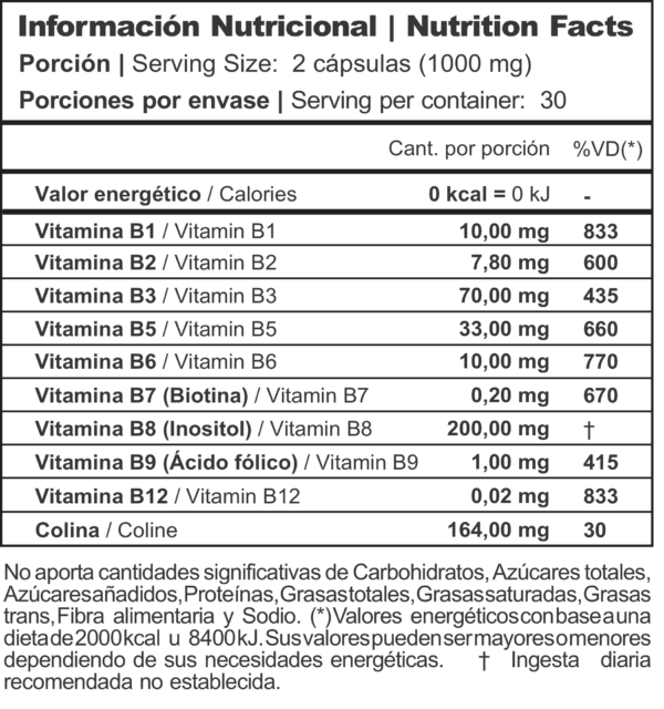 Vitamin B Complex Vitalum X 60 Caps (B1+B2+B3+B5+B6+B7+B8+B9+B12 + Colina) - Imagen 2